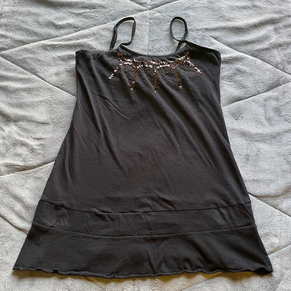 Vintage Y2K Black Fairycore Cami Top with Gold Beading Sequin Detailing Medium